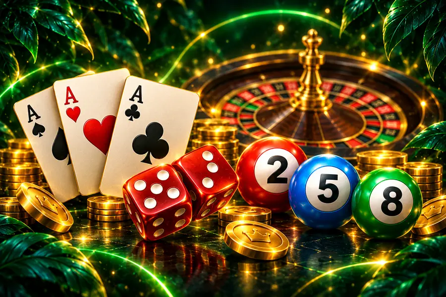 Cards, dice and number balls on a dark green background