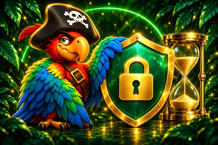 Pirate parrot beside a shield and hourglass